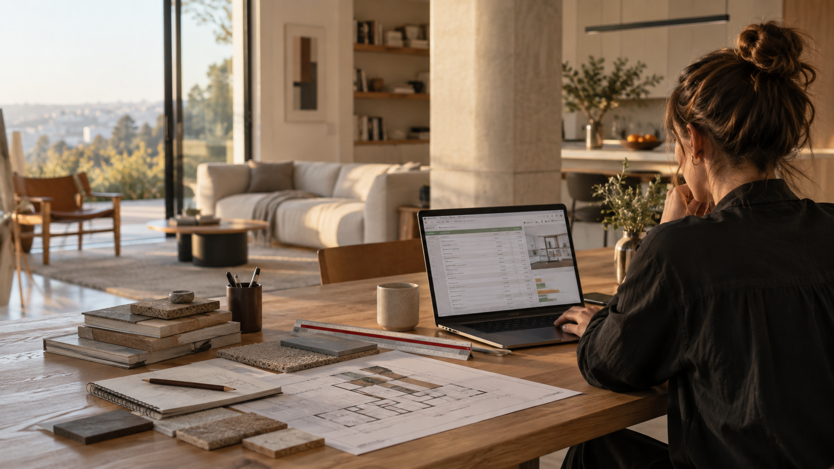 Arquitecta trabajando con planos, materiales y una planilla de presupuesto